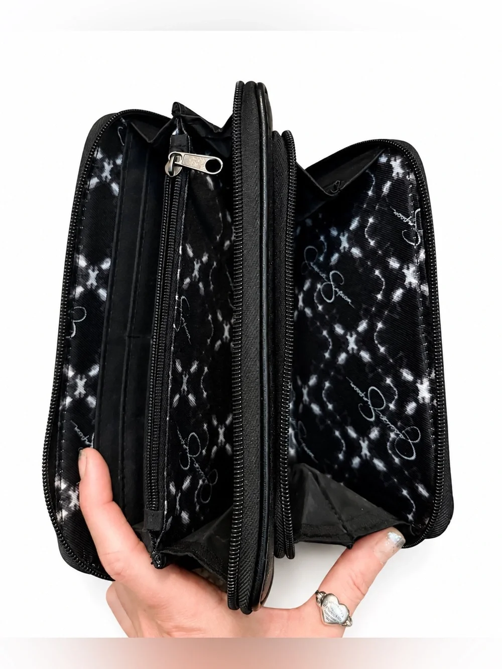 Jessica Simpson Black Dual Zip Wallet | White Stud Detail | Organizer Wristlet